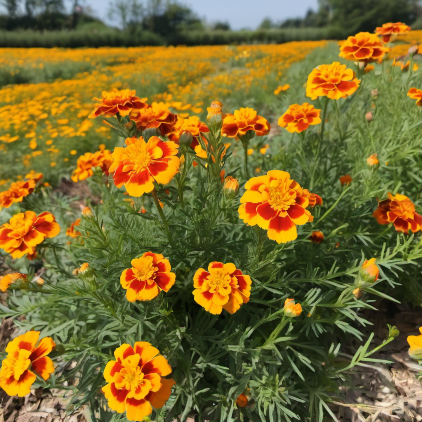 Field of flowers with Dainty Marietta French Marigold. Champ de fleurs avec délicate Marietta Souci français.
