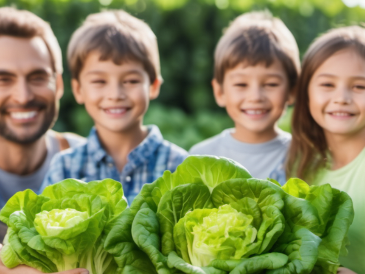 family enjoying the view of fresh Buttercrunch lettuce famille profitant de la vue sur la laitue fraîche Buttercrunch