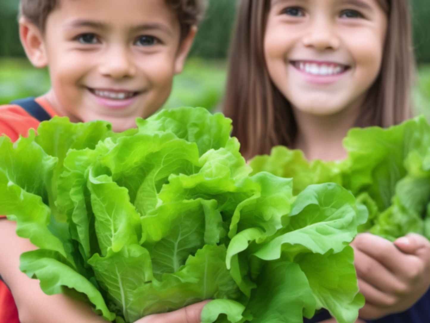 happy kids harvesting black seeded simpson leaf lettuce in the garden des enfants heureux récoltent de la laitue feuille Simpson à graines noires dans le jardin