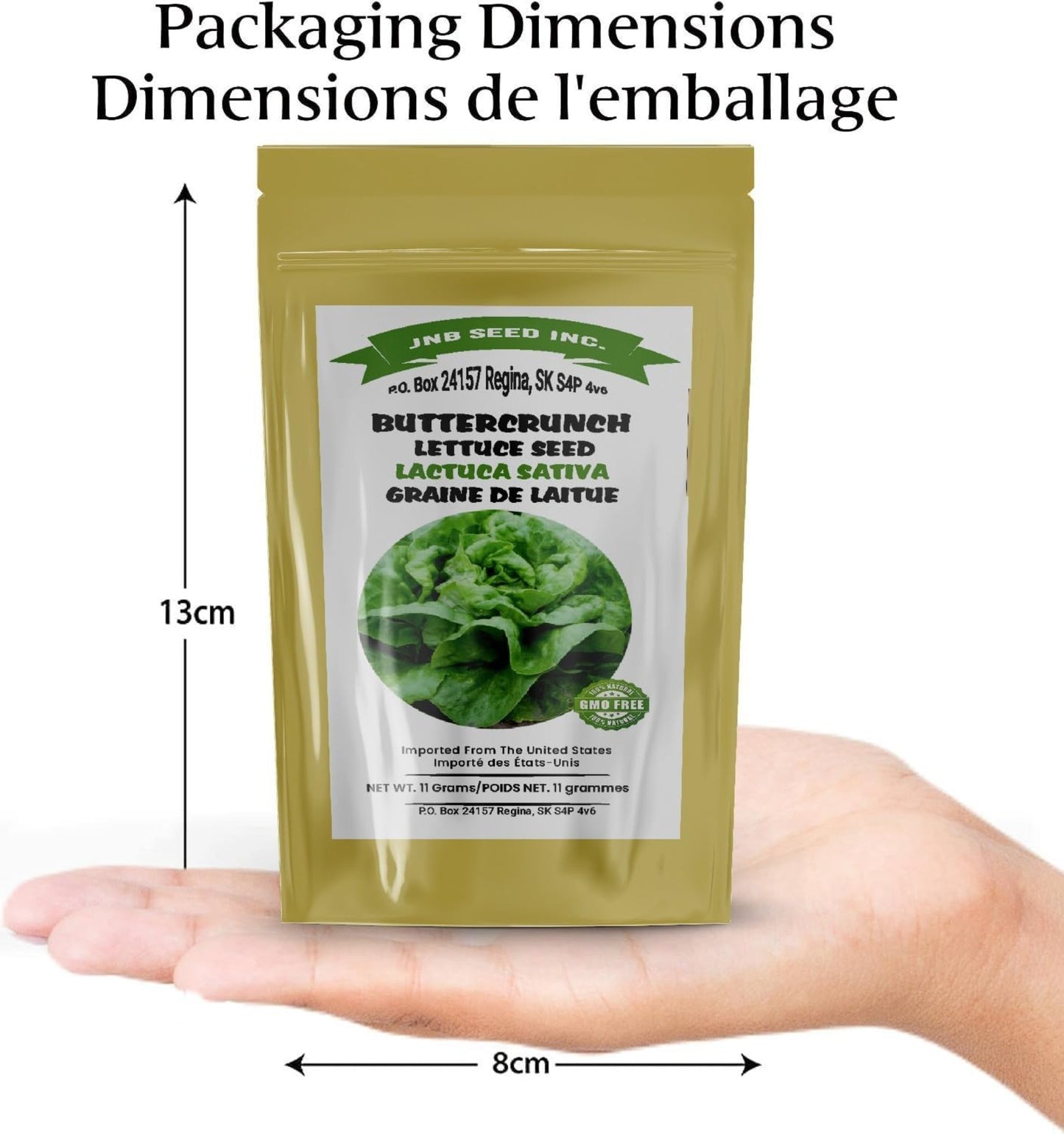 packaging dimensions of Buttercrunch lettuce seed pack Dimensions de l'emballage du paquet de graines de laitue Buttercrunch