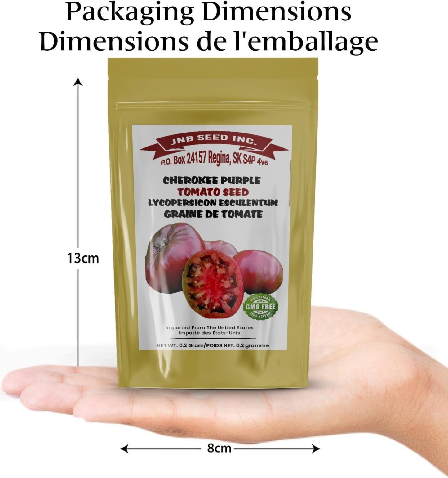 packaging dimensions of Cherokee purple tomato seed pack dimensions d'emballage du paquet de graines de tomates violettes Cherokee