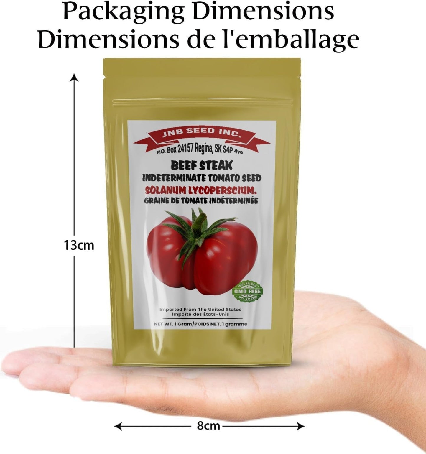 Beefsteak Indeterminate Tomato packaging dimensions Dimensions de l'emballage des graines de tomates Beefsteak indéterminées