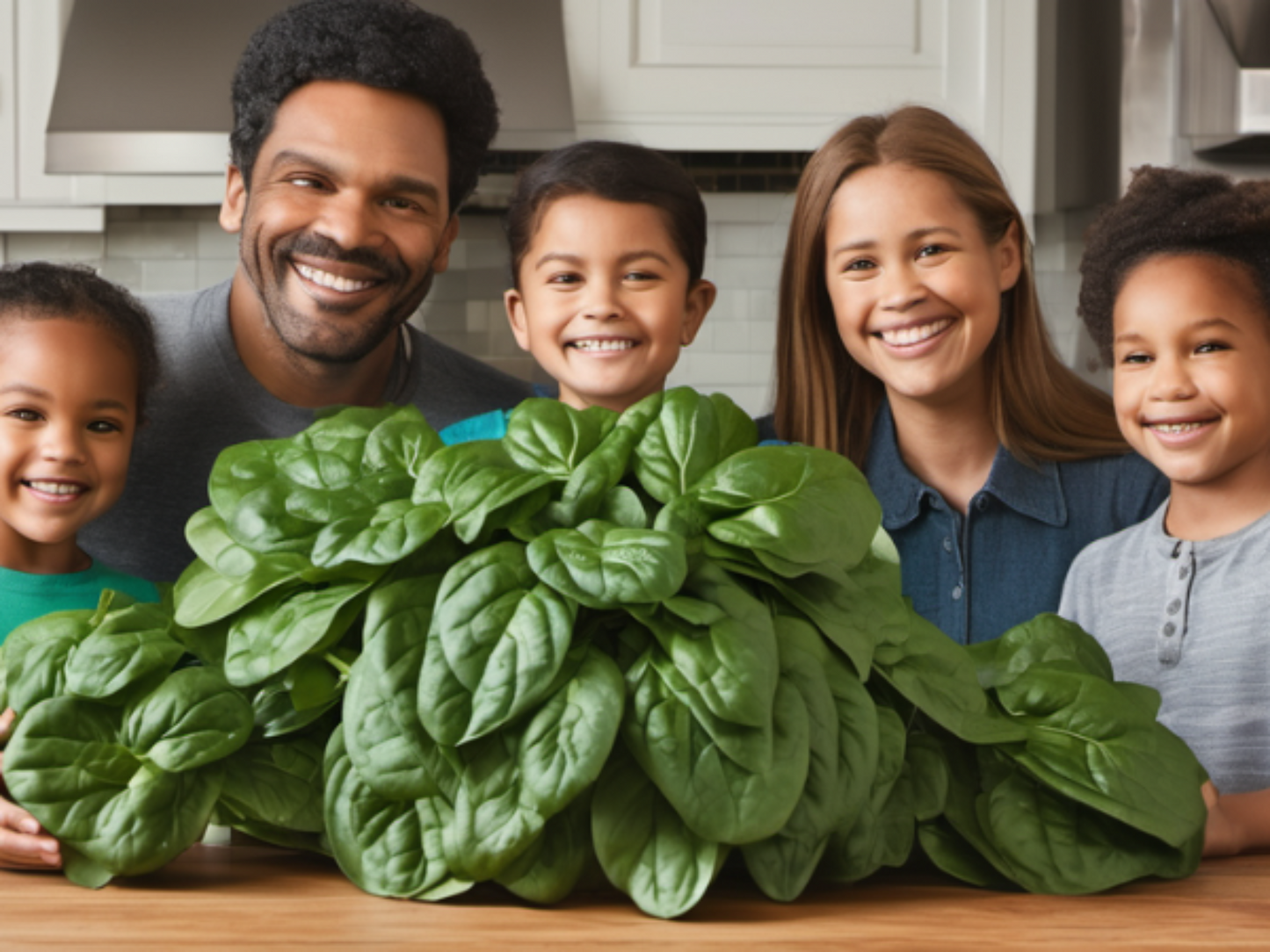 family smiling with Fresh and crisp Bloomsdale Long Standing Spinach leaves famille souriante avec des feuilles d'épinards Bloomsdale fraîches et croustillantes de longue date