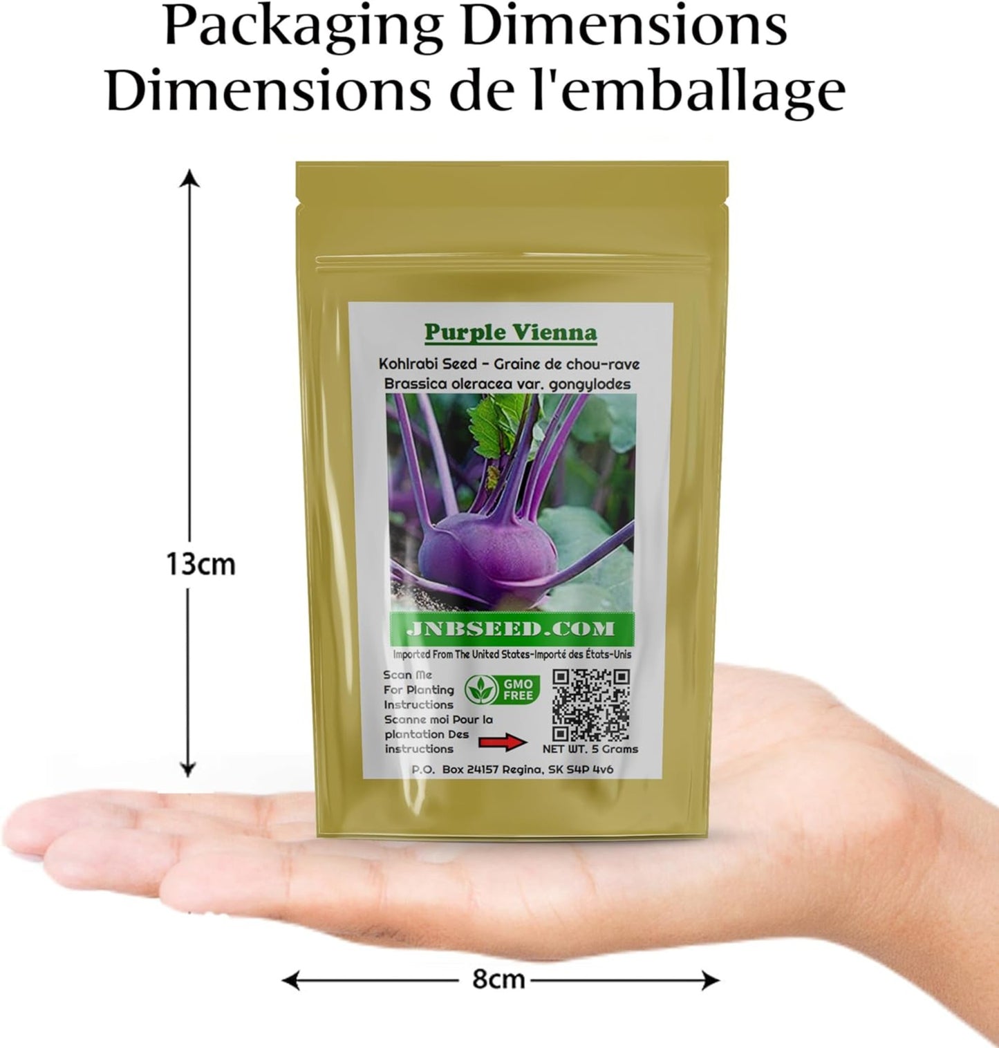 packaging dimensions of Purple Vienna kohlrabi seed pack Dimensions de l'emballage du paquet de graines de chou-rave violet de Vienne