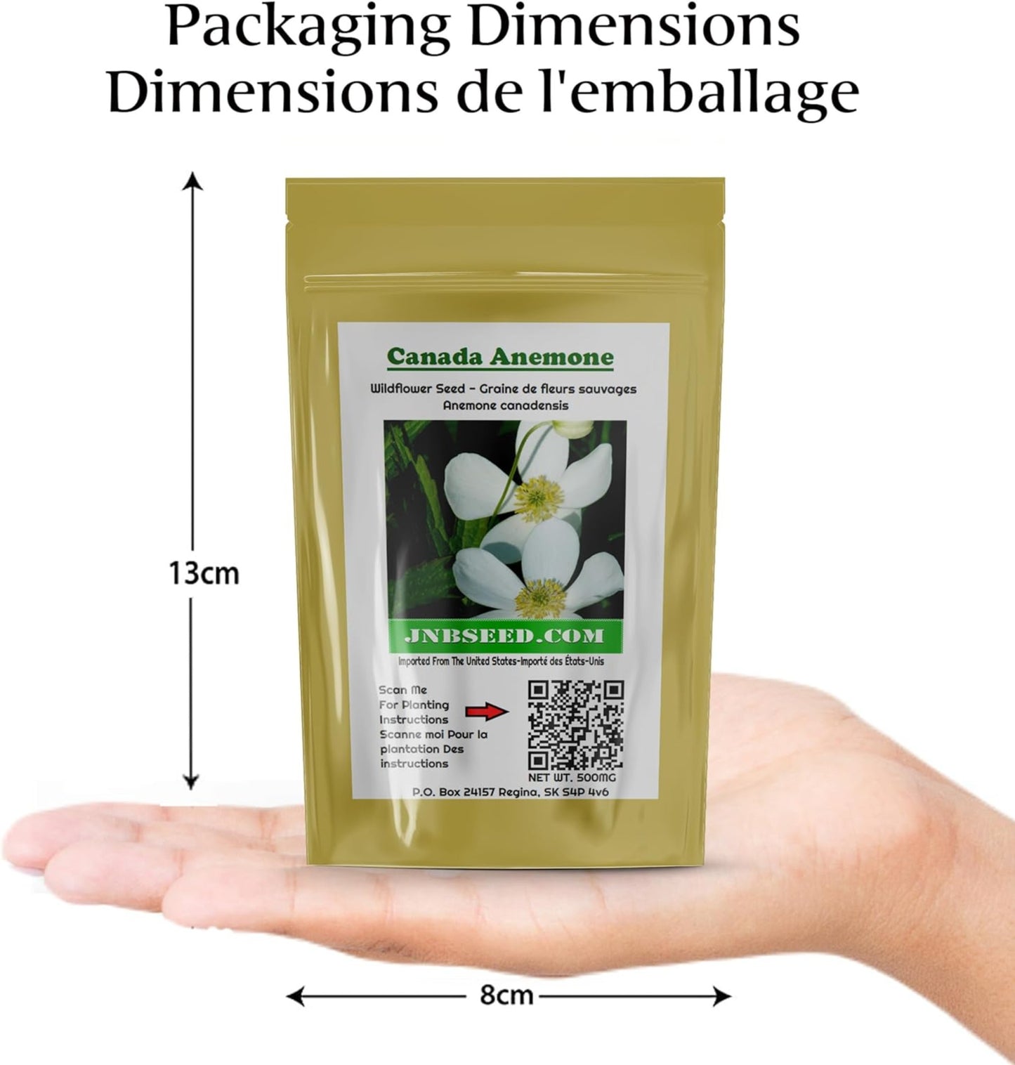 packaging dimensions of Canada Anemone Wildflower Seed pack Dimensions de l'emballage du paquet de graines de fleurs sauvages d'anémone du Canada