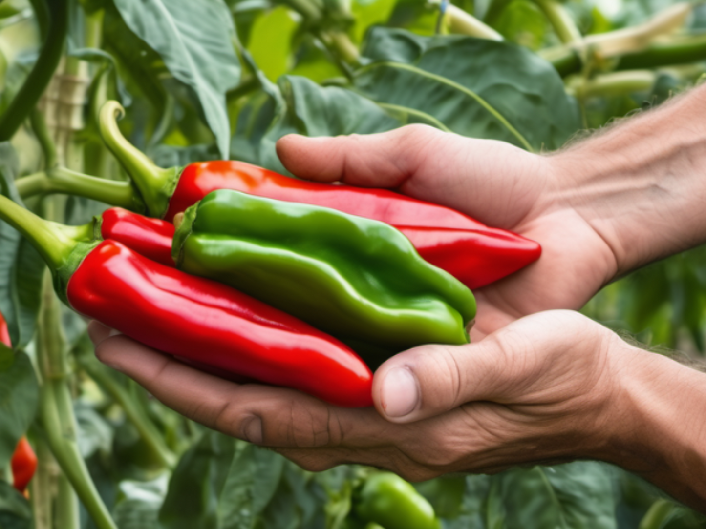 Hand holding Cubanelle peppers Main tenant les poivrons Cubanelle