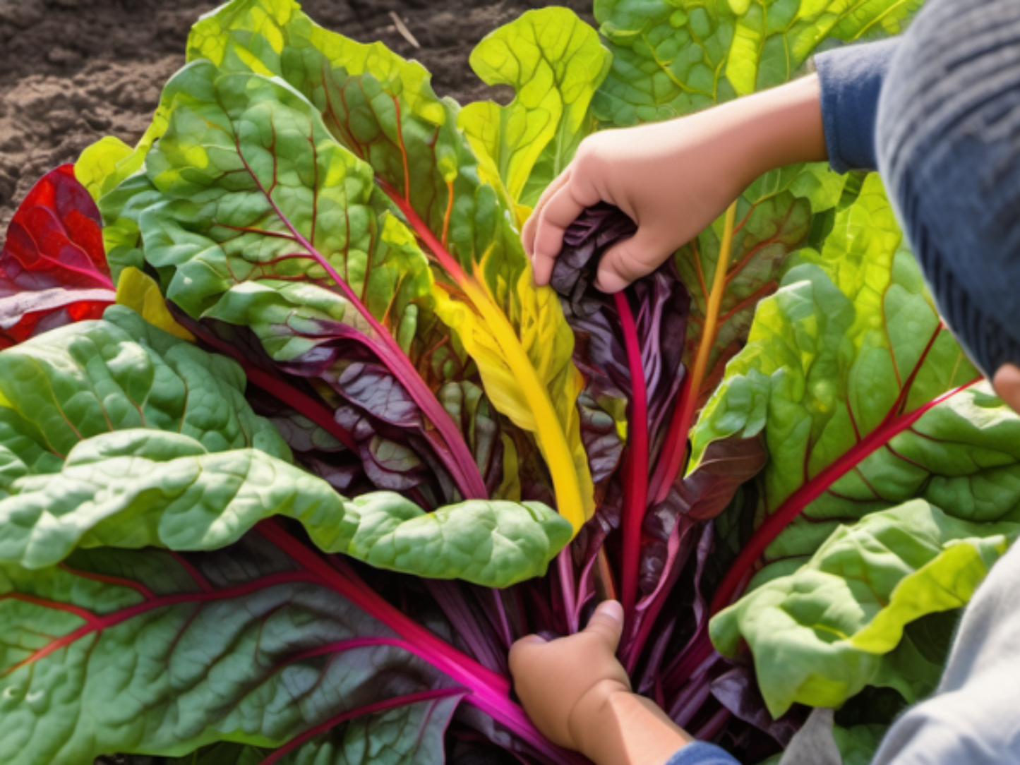 Close-up of Rainbow Mixture Swiss Chards ready for pick-up Gros plan des blettes à carde Rainbow Mixture prêtes à être ramassées