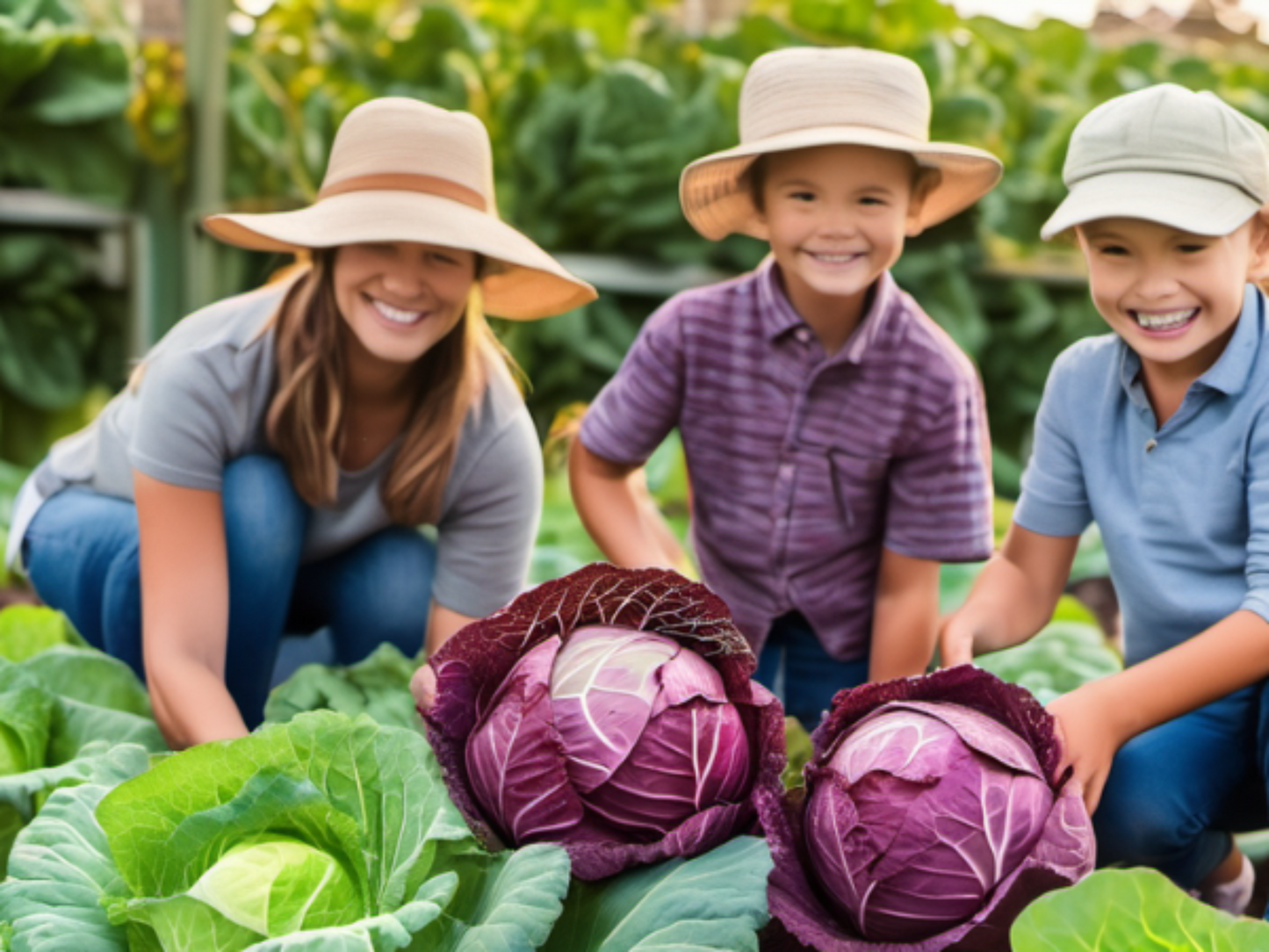happy family harvesting Red acre cabbage famille heureuse récoltant du chou rouge