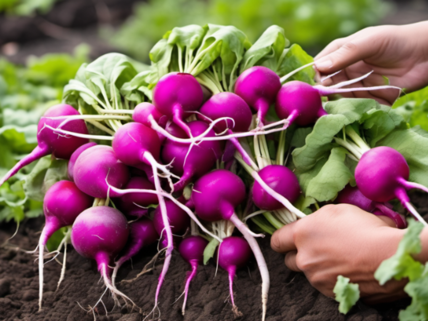 Bunch of Purple Plum Radishes with leafy green tops Bouquet de radis prune violet avec des feuilles vertes