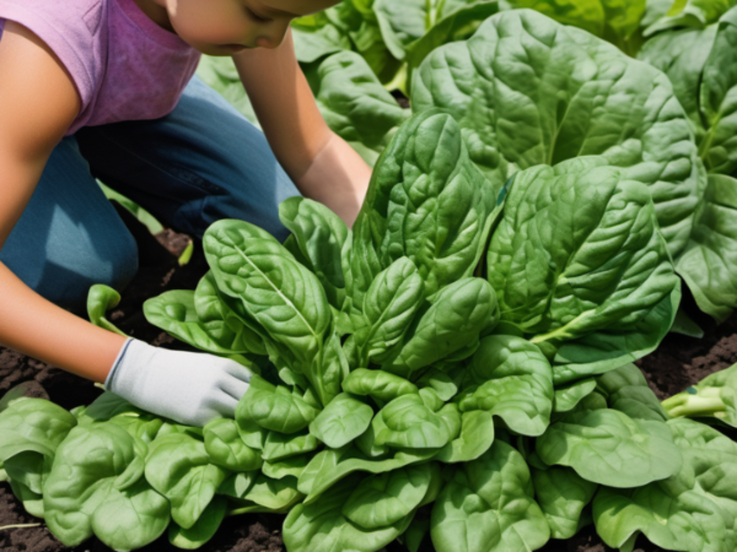 kid harvesting Vibrant Bloomsdale Long Standing Spinach in the garden enfant récoltant des épinards vibrants Bloomsdale de longue date dans le jardin