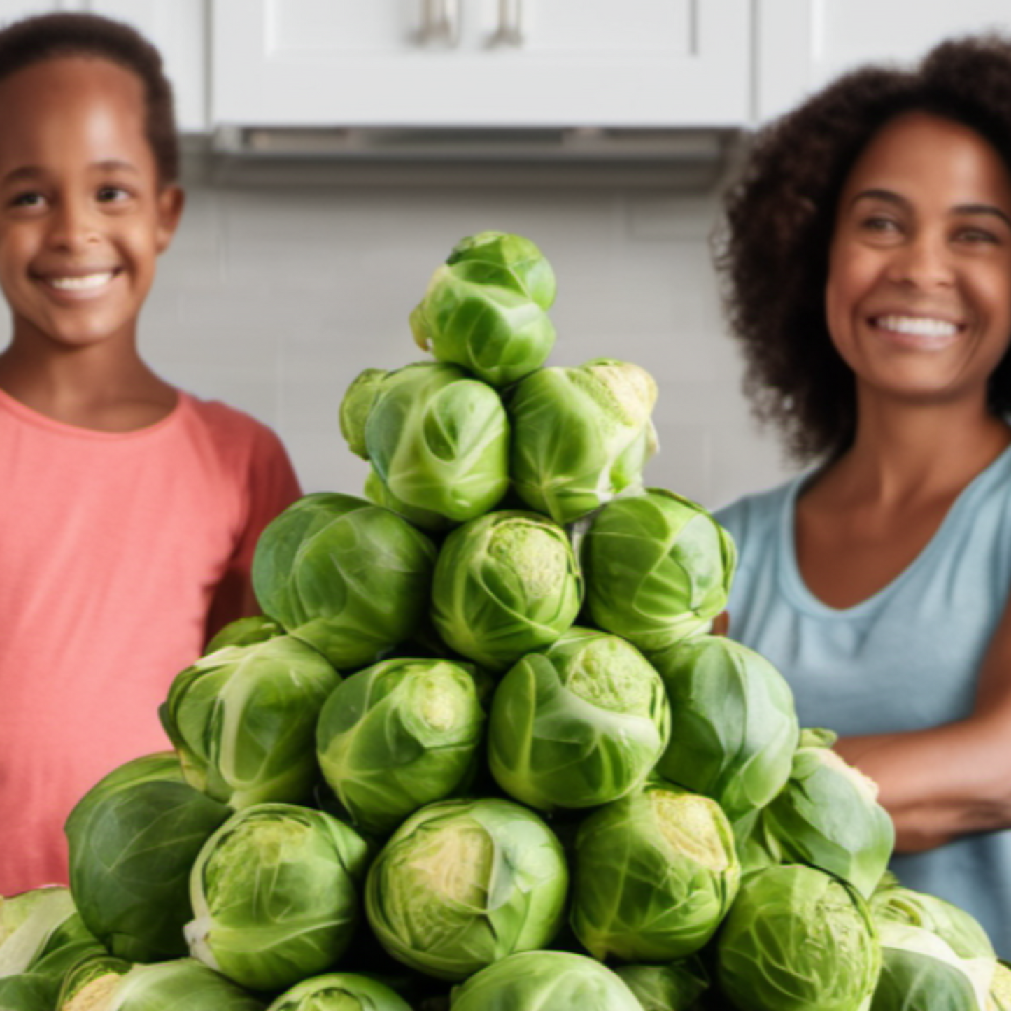Mother and daughter with much Brussels Sprout Long Island in the kitchen Mère et fille avec beaucoup de choux de Bruxelles Long Island dans la cuisine