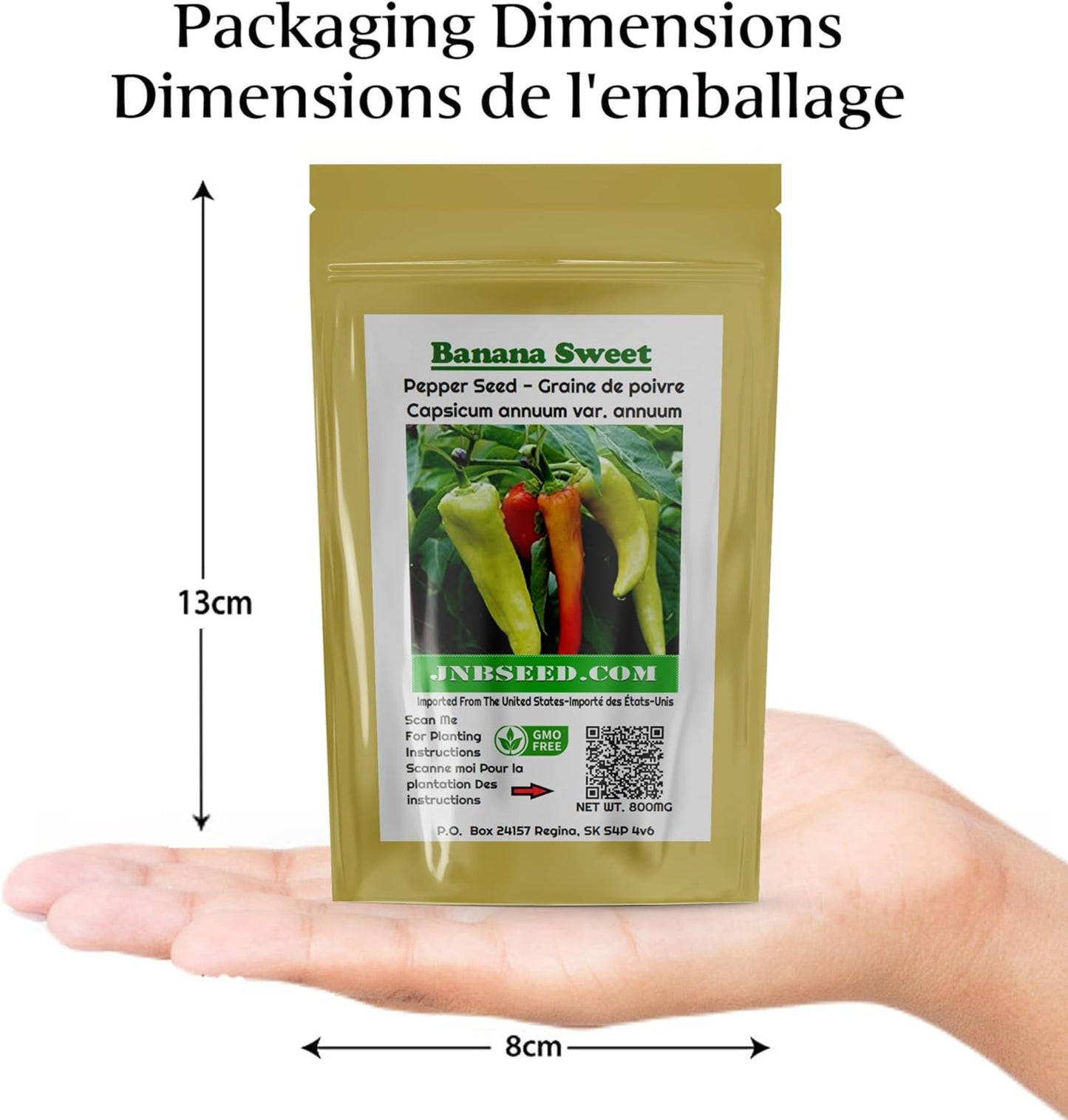 Banana Sweet Pepper seeds package dimensions Dimensions de l'emballage des graines de banane et de poivron