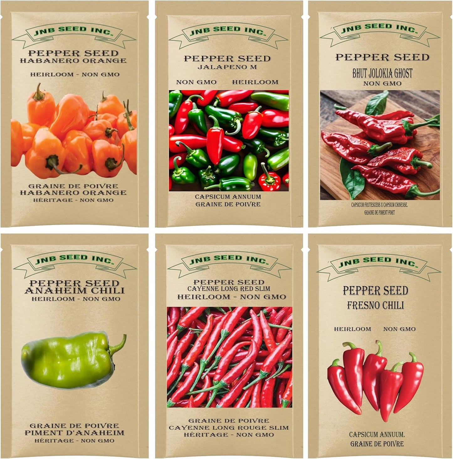 Hot Pepper Seed Variety Pack - 6 Types: Habanero Orange, Jalapeno, Ghost Pepper, Anaheim Chili, Cayenne, Fresno Chili