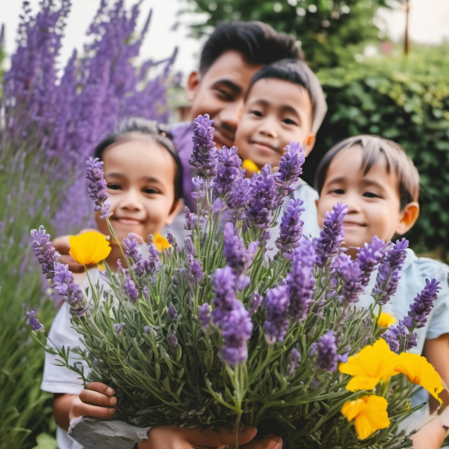 Blooming Vera Lavender in the Garden with family Lavande Vera en fleurs dans le jardin en famille