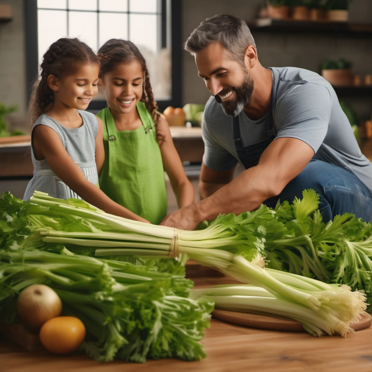 family enjoying the view of Bunch of Tall Utah Celery with lush green leaves famille profitant de la vue sur le bouquet de céleri Tall Utah avec des feuilles vertes luxuriantes