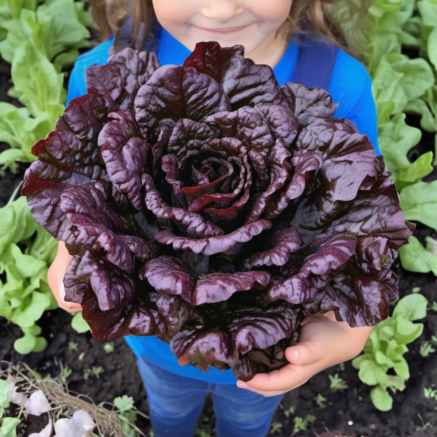 A girl holding a fresh Red Sails Lettuce Une fille tenant une nouvelle laitue de Voiles rouges