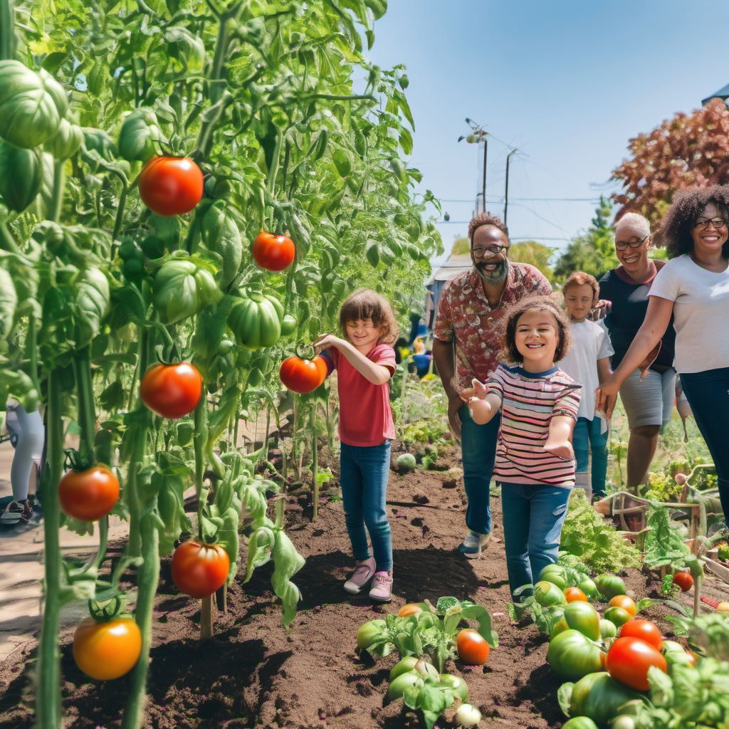family gathering to harvest tomatoes in vegetable garden réunion de famille pour récolter des tomates dans le potager