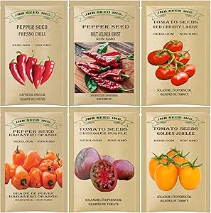 Tomato and Hot Pepper Seed Variety Pack - Fresno Chili, Ghost Pepper, Cherry Tomato, Habanero Orange, Cherokee Purple, Golden Jubilee
