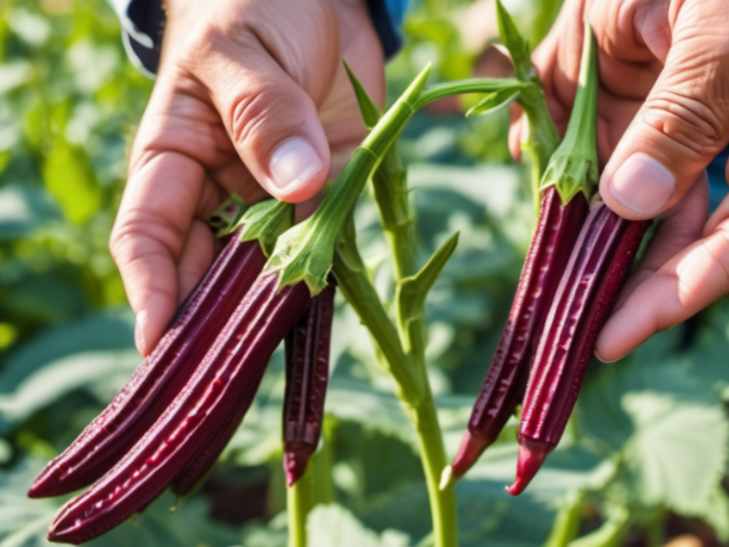 Hands holding the burgundy okra seeds Mains tenant les graines de gombo bordeaux