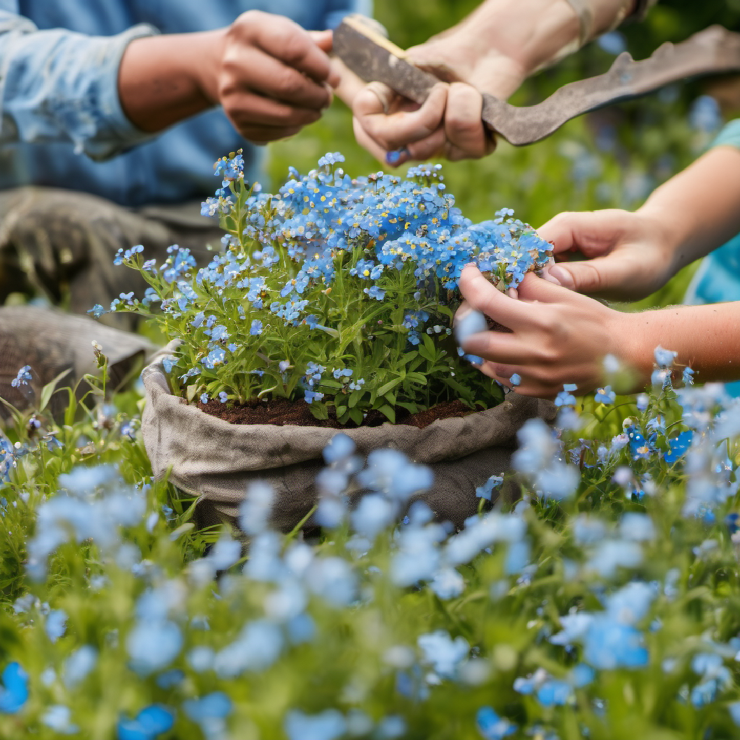 A bunch of lovely vibrant blue Forget Me Not flowers. Un bouquet de jolies fleurs bleues vibrantes Ne m’oublie pas.