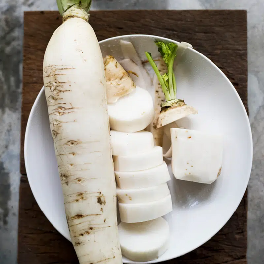 Aerial view of fresh Chinese white radish in a plate. Vue aérienne de radis blanc chinois frais dans une assiette