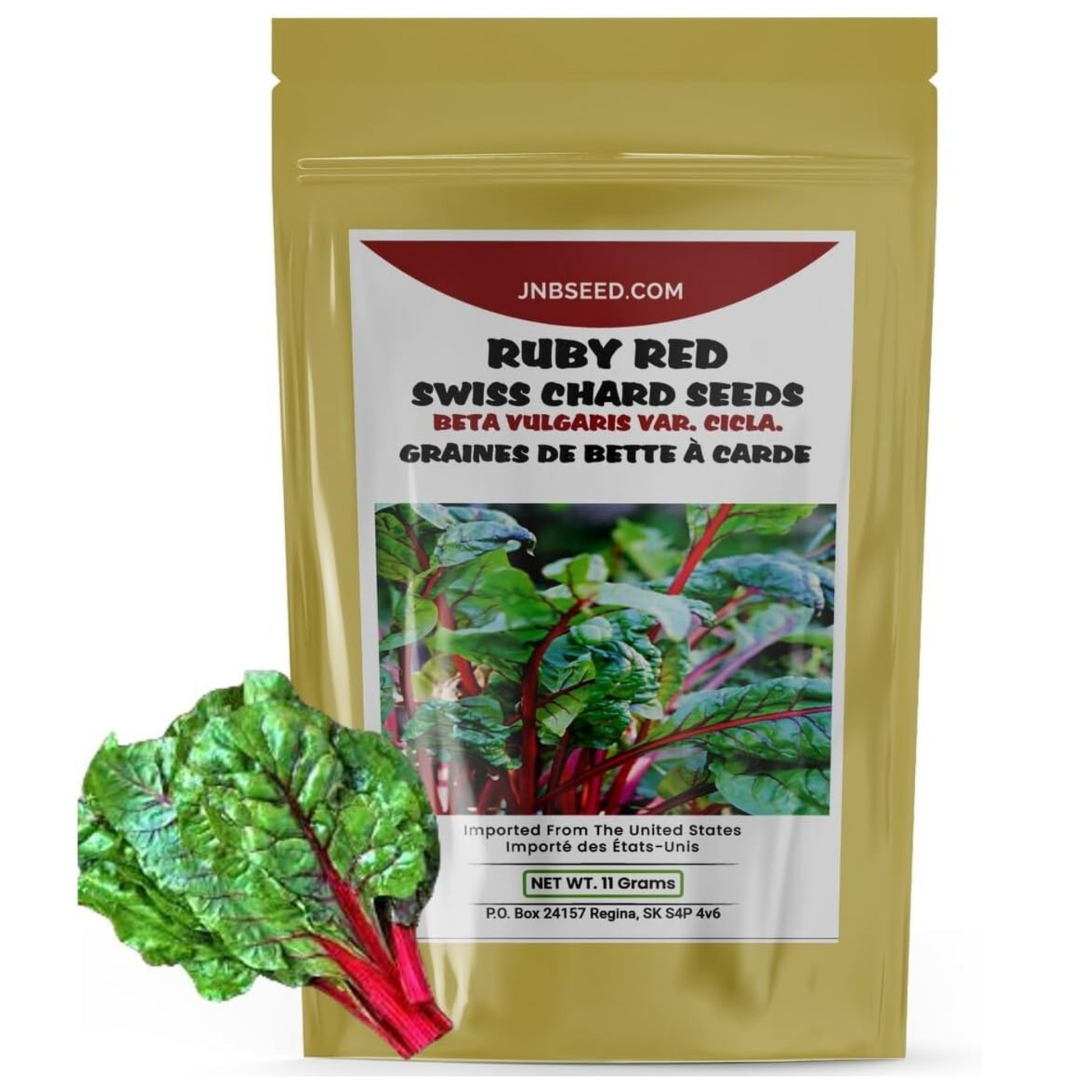 A packet of Ruby Red Swiss Chard Seeds. Un sachet de graines de bette à carde rouge rubis.