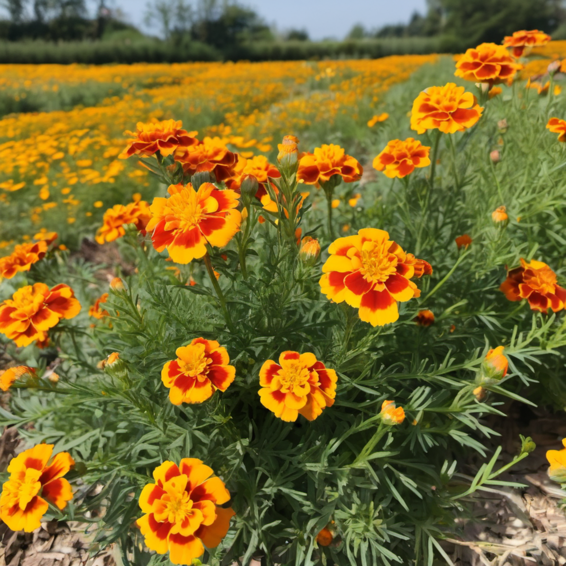  Field of flowers with Dainty Marietta French Marigold.  Champ de fleurs avec délicate Marietta Souci français.