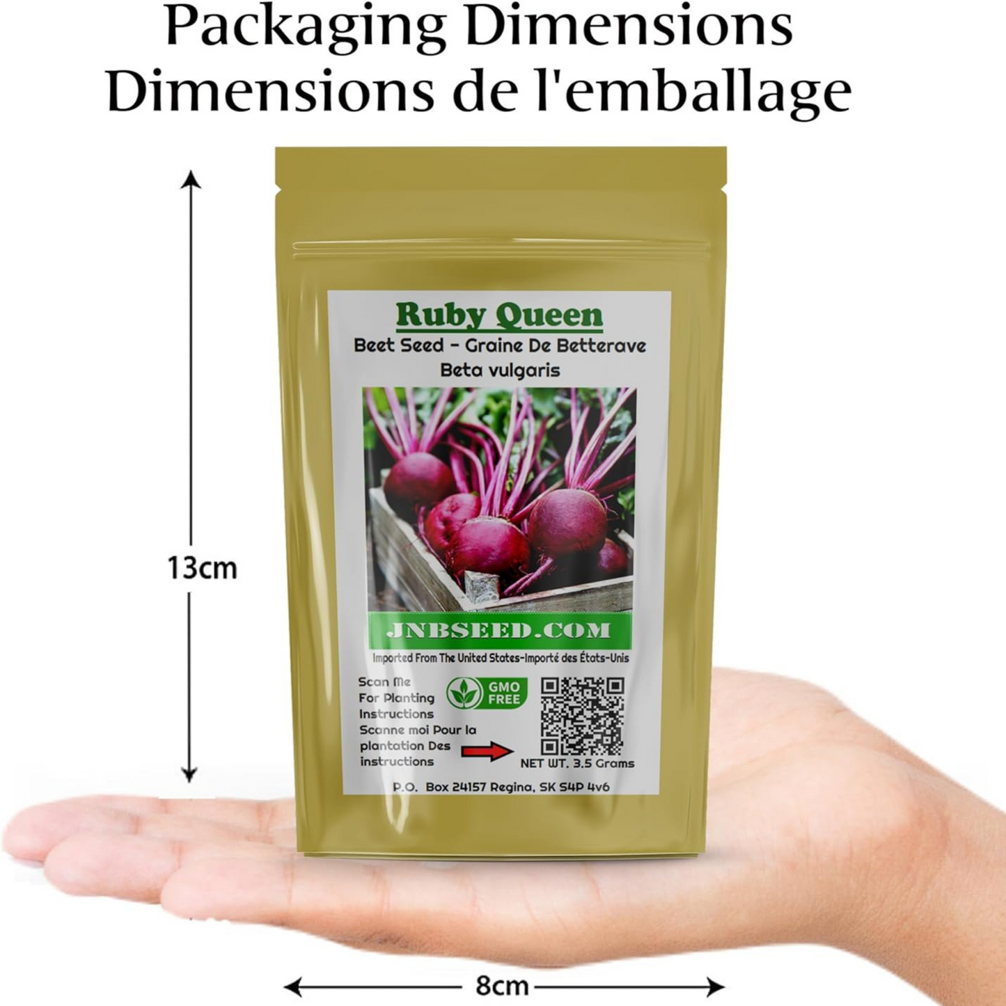 Beetroot package showing detailed measurements. Paquet de betteraves montrant les mesures détaillées.