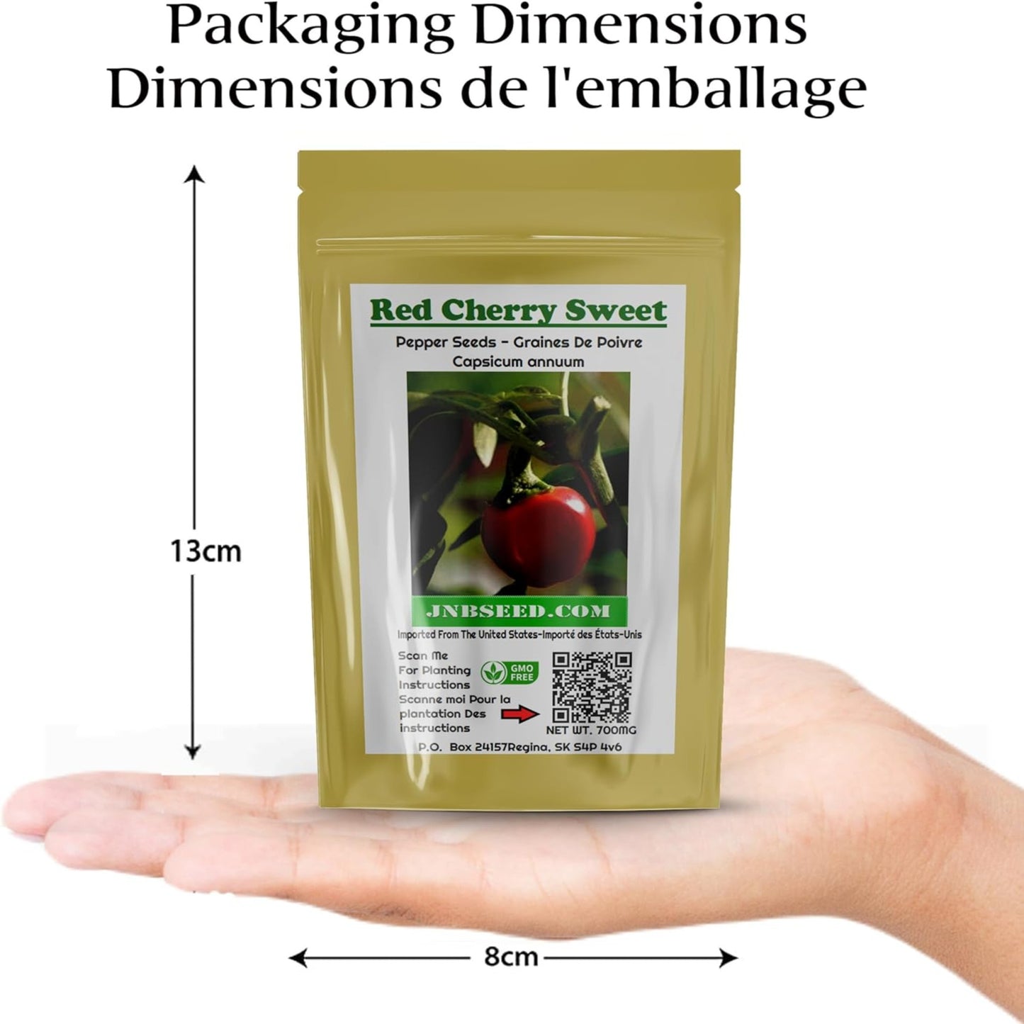 Red cherry sweet pepper seed packaging dimensions Dimensions de l'emballage des graines de poivron rouge cerise