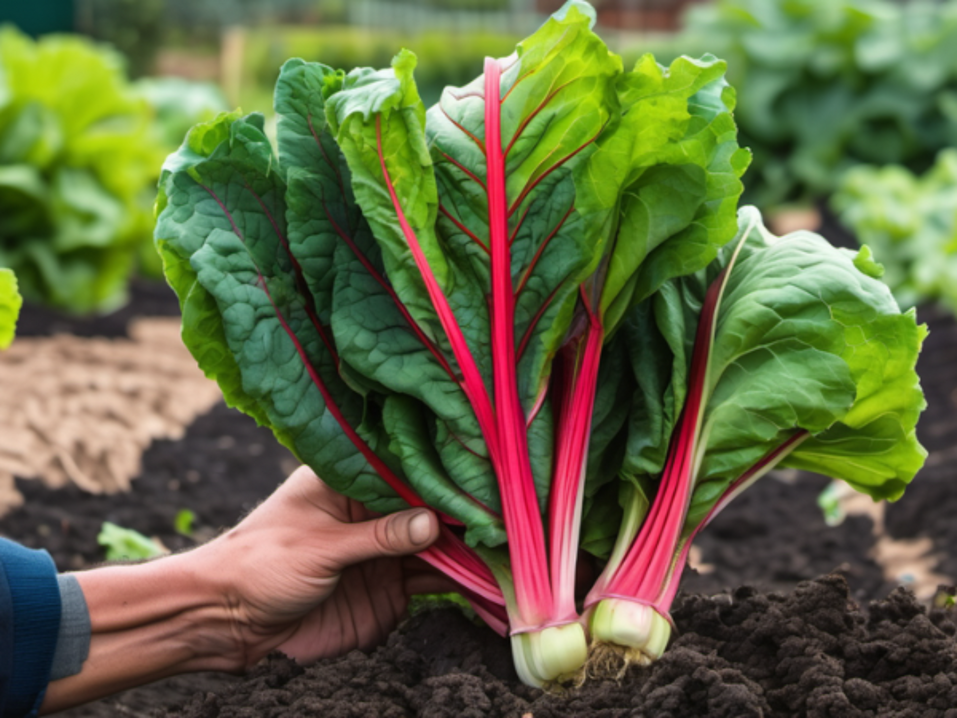 A Man holding a bunch of Rhubarb Swiss Un homme tenant un tas de Rhubarbe Suisse