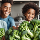 happy family looking to their harvested fresh broccoli in the garden 