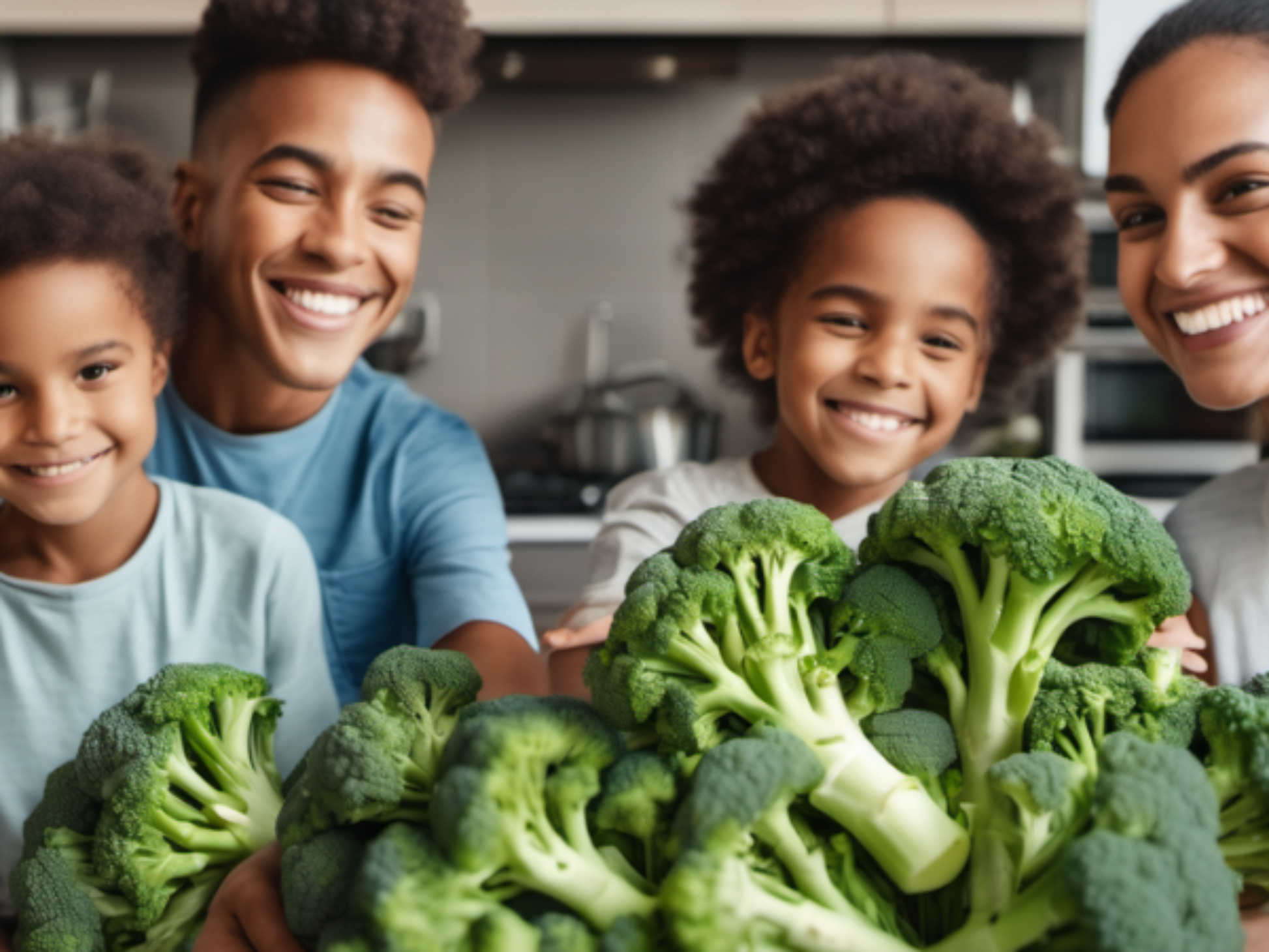 happy family looking to their harvested fresh broccoli in the garden 