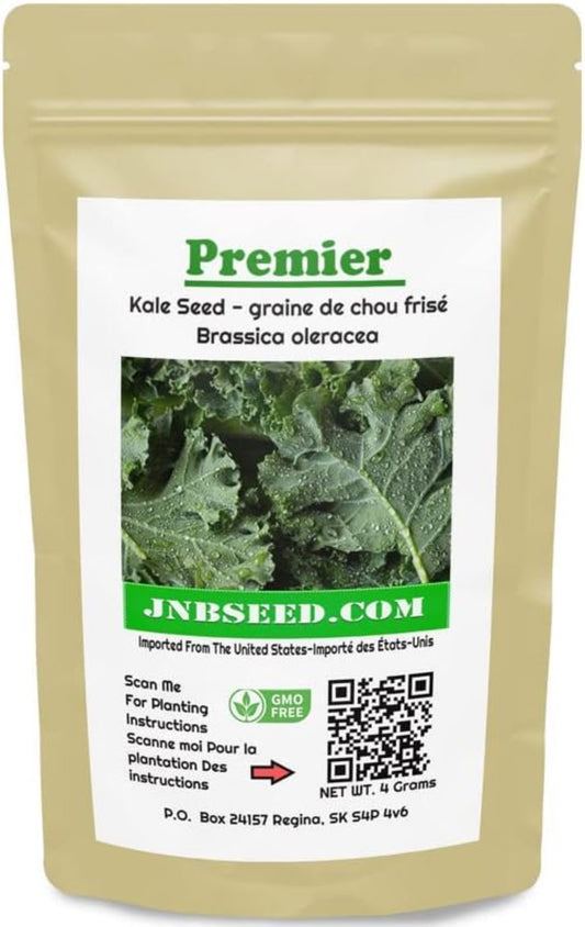 A versatile Premier kale seeds in a pack Une variété de graines de chou Premier en paquet