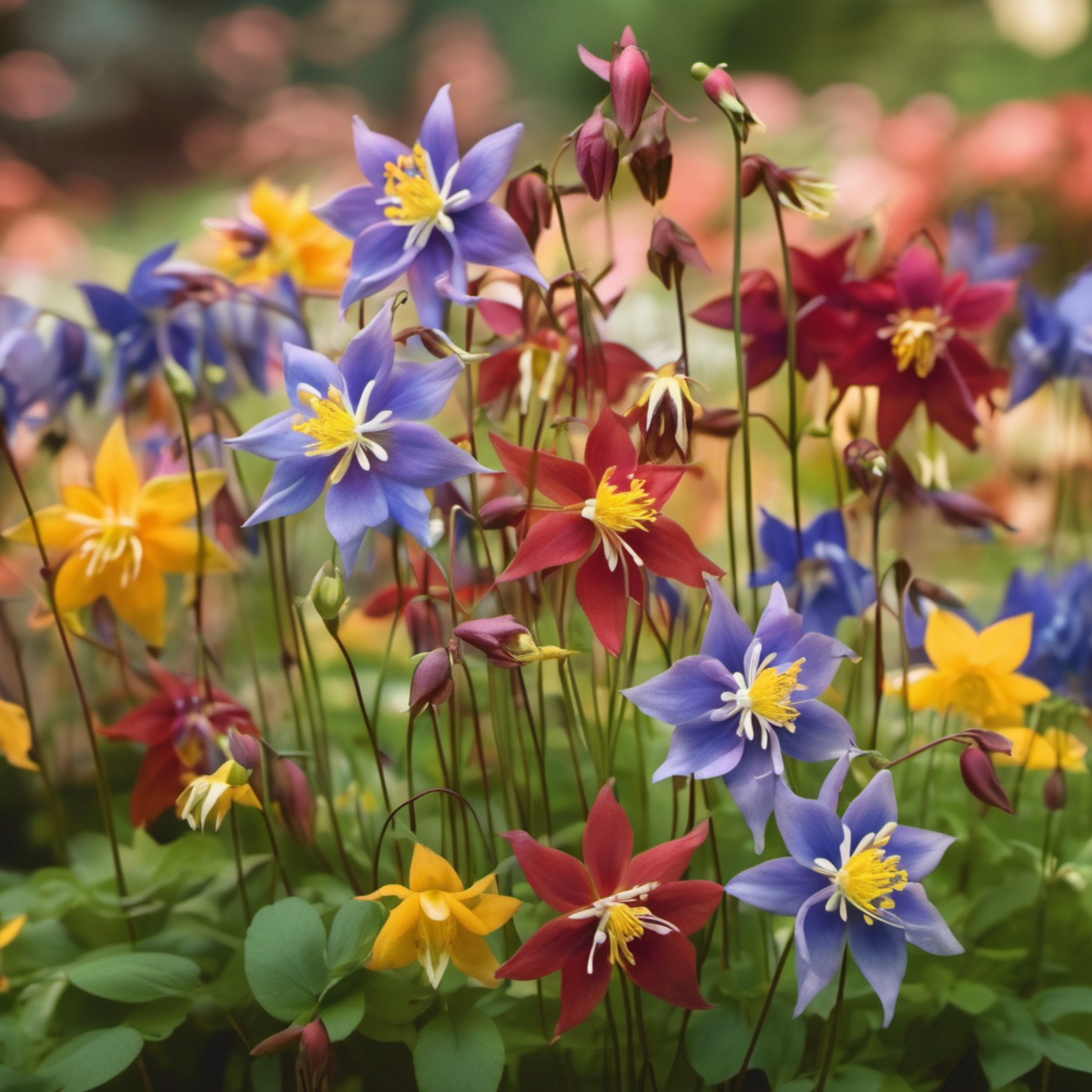 Colorful garden featuring Dwarf Columbine flower seed mix Jardin coloré avec un mélange de graines de fleurs d’ancolie naine