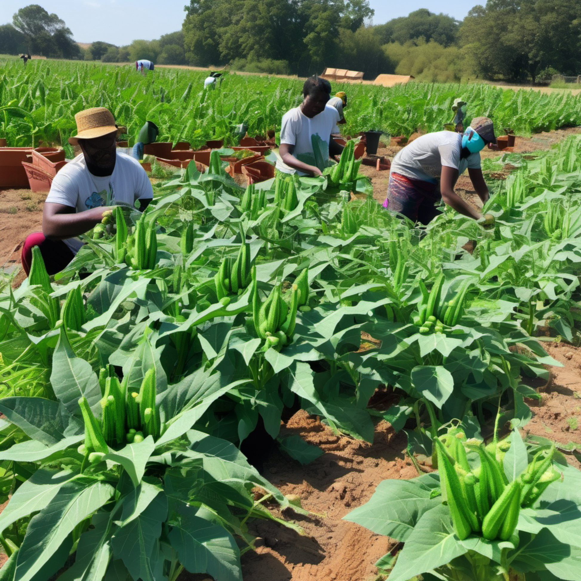 In a field cultivating Emerald Green (Velvet) Okra Seeds Dans un champ cultivant des graines de gombo vert émeraude (velours)