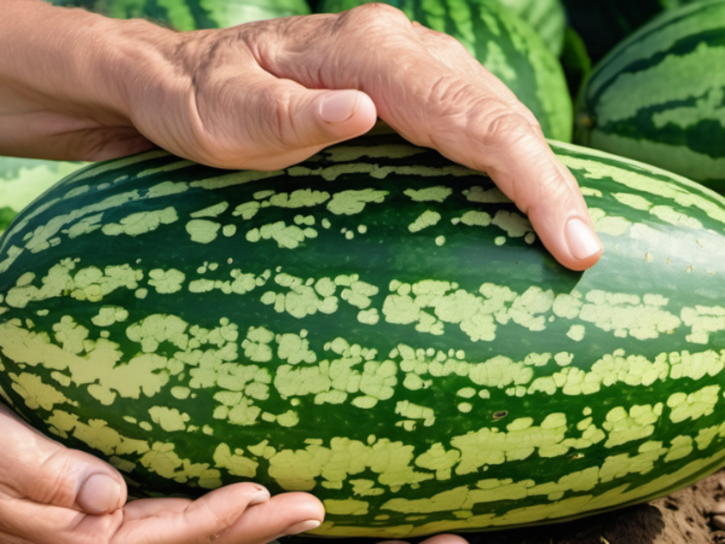 Person holding Jubilee watermelon seeds between fingers Personne tenant des graines de pastèque Jubilee entre les doigts