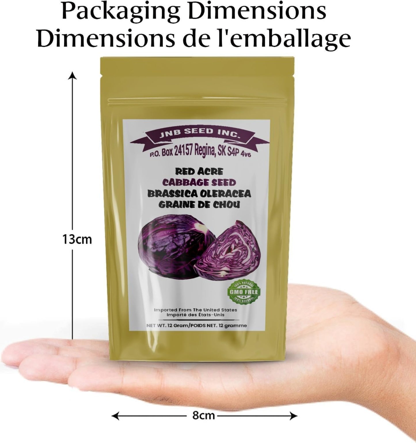 packaging dimensions of Red Acre cabbage seed pack dimensions d'emballage du paquet de graines de chou Red Acre