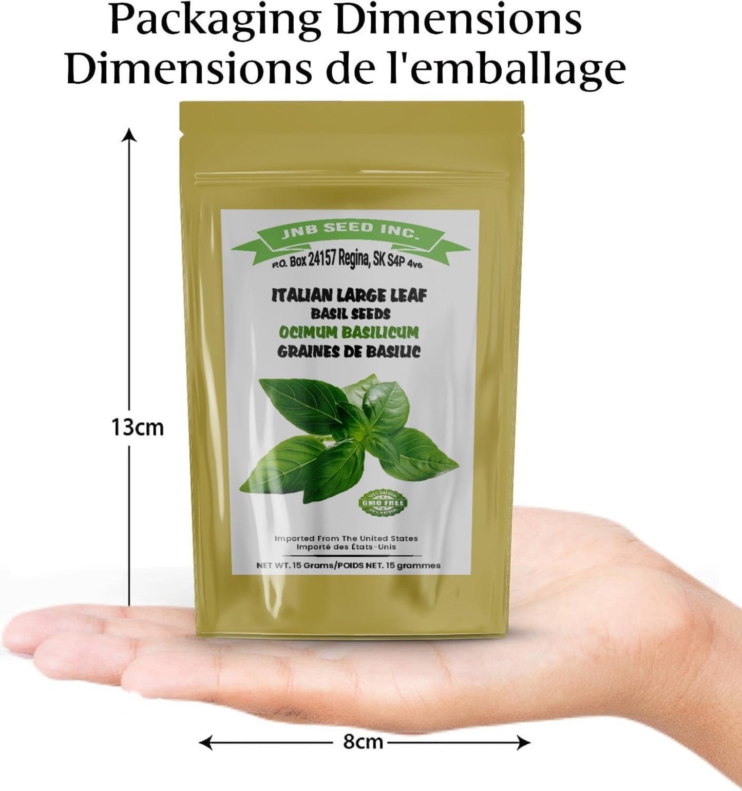 Italian Large Leaf Basil herb packaging dimensions Dimensions de l'emballage de l'herbe de basilic italien à grandes feuilles