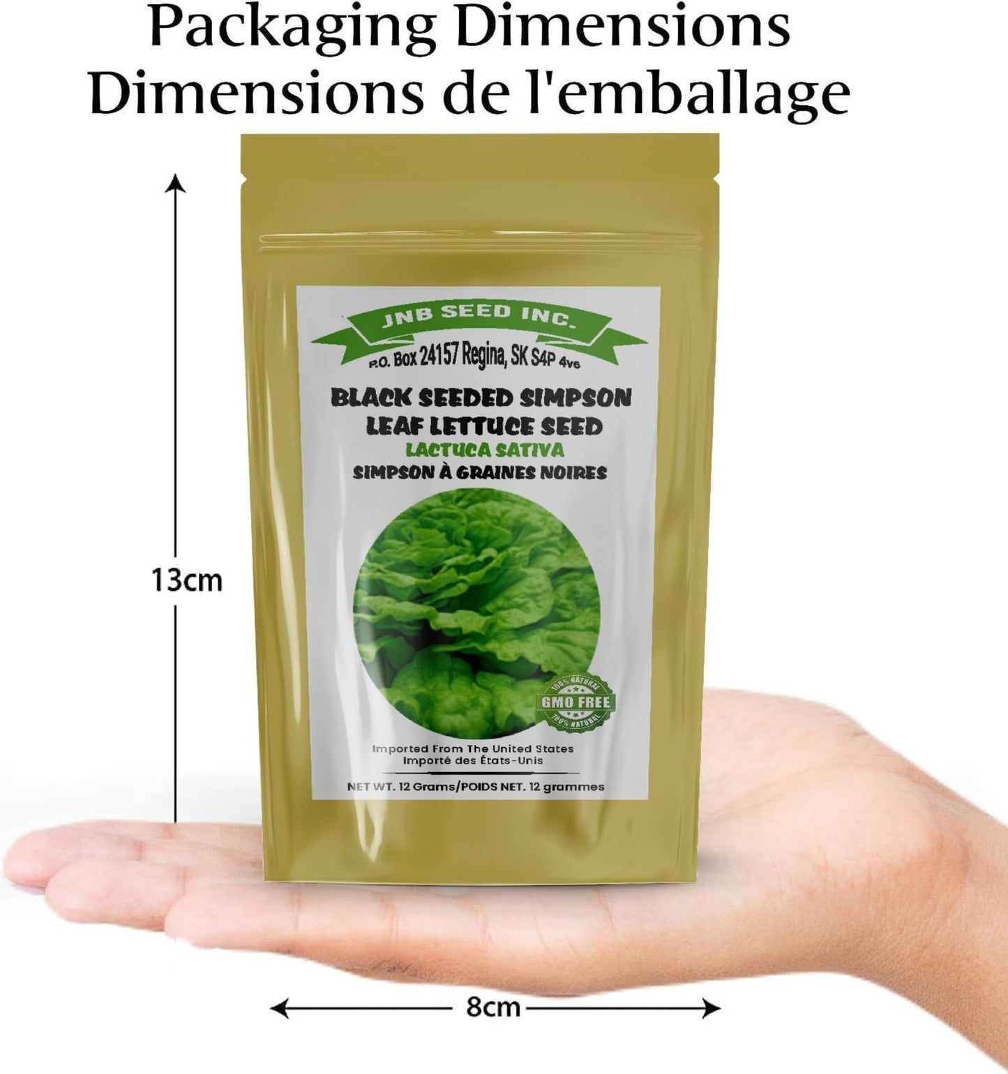 Packaging Dimensions of Black Seeded Simpson Leaf Lettuce Seed pack Dimensions d'emballage du paquet de graines de laitue à feuilles de Simpson aux graines noires