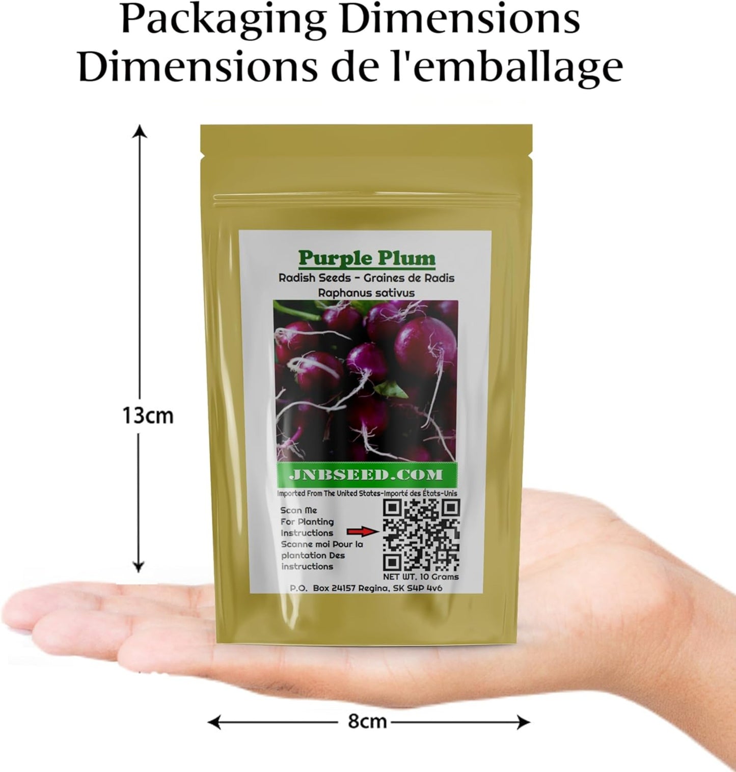 packaging dimensions of Purple Plum Radish seeds pack dimensions d'emballage du paquet de graines de radis prune violet