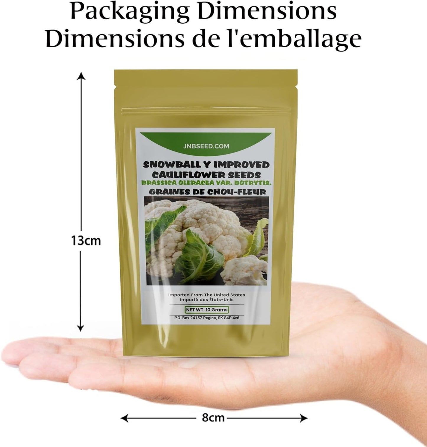 packaging dimensions of Snowball Y Improved Cauliflower Seeds pack Dimensions de l'emballage du paquet de graines de chou-fleur améliorées Snowball Y