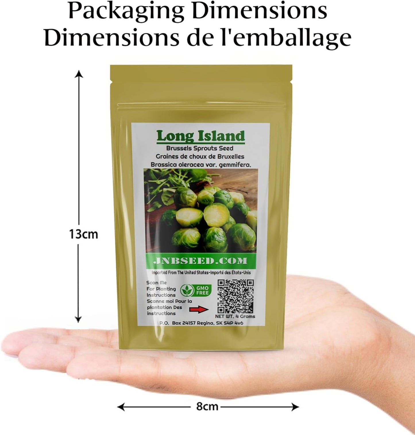 packaging dimension of Long Island Brussels Sprouts Seed pack dimension d'emballage du paquet de graines de choux de Bruxelles de Long Island