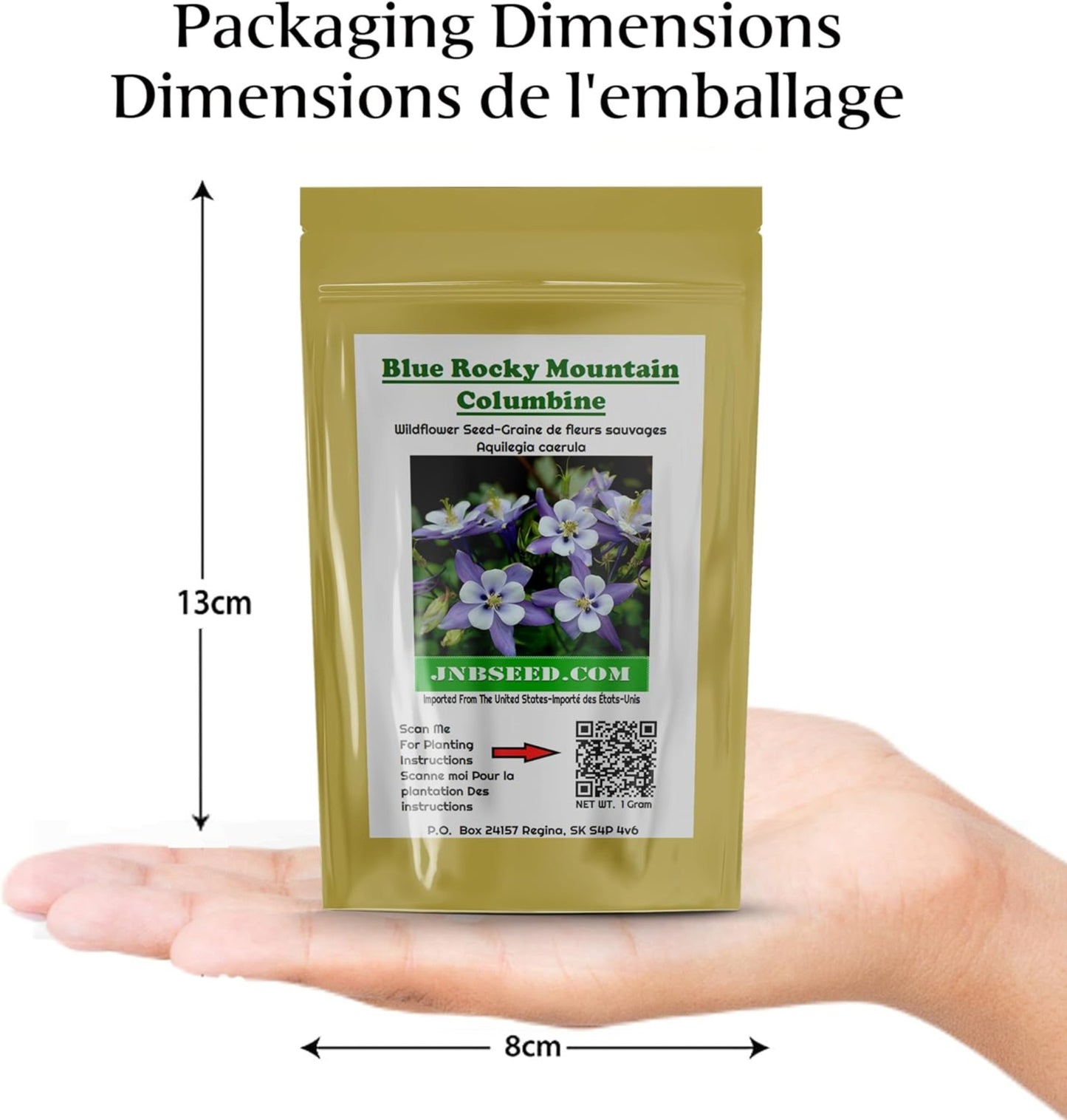 packaging dimensions of Blue Rocky mountain columbine seed pack Dimensions de l'emballage du paquet de graines d'ancolie Blue Rocky Mountain