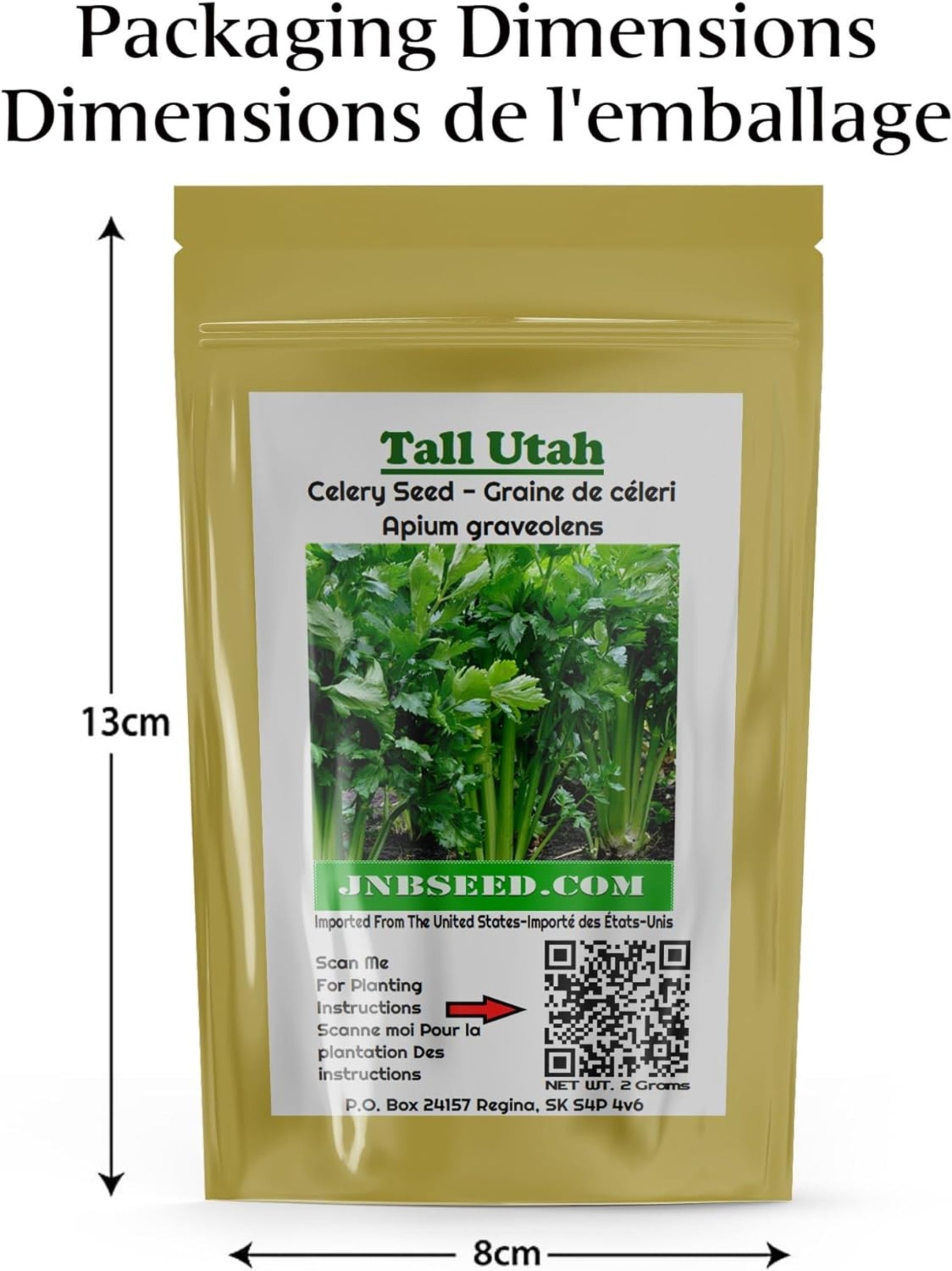 packaging dimensions of Tall Utah Celery seed pack Dimensions de l'emballage du paquet de graines de céleri Tall Utah