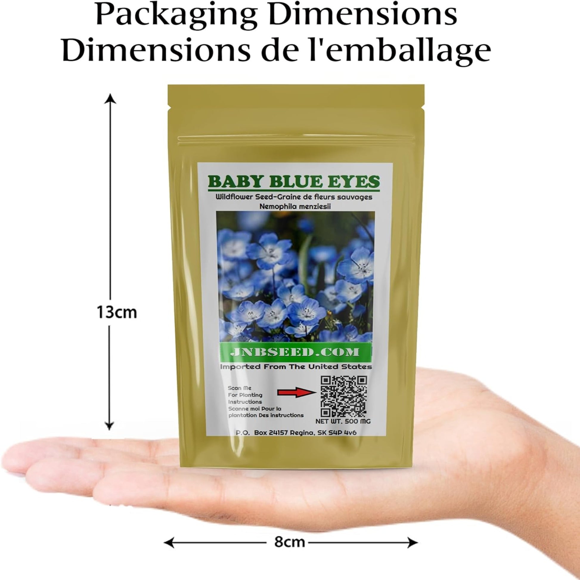 Baby Blue Eyes Wildflower Seeds packaging dimensions Dimensions de l'emballage des graines de fleurs sauvages Baby Blue Eyes