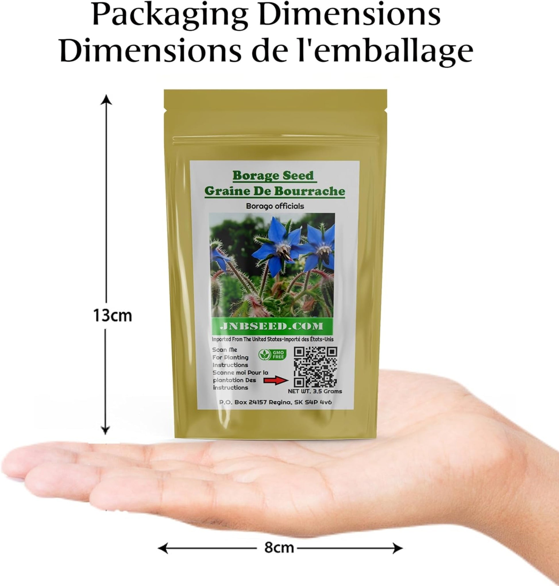 packaging dimensions of Borage seed pack dimensions d'emballage du paquet de graines de bourrache