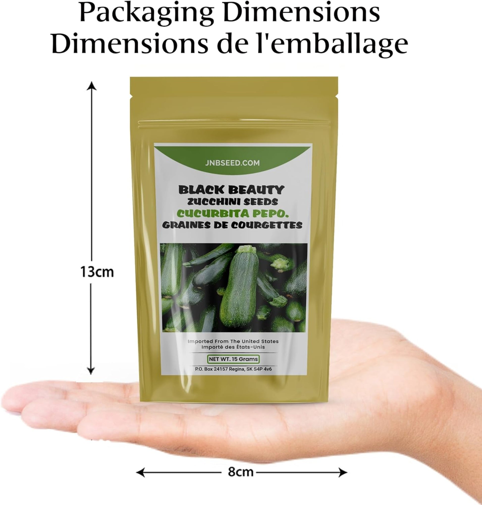 Black Beauty Zucchini Seeds packaging dimensions Dimensions de l'emballage des graines de courgettes Black Beauty