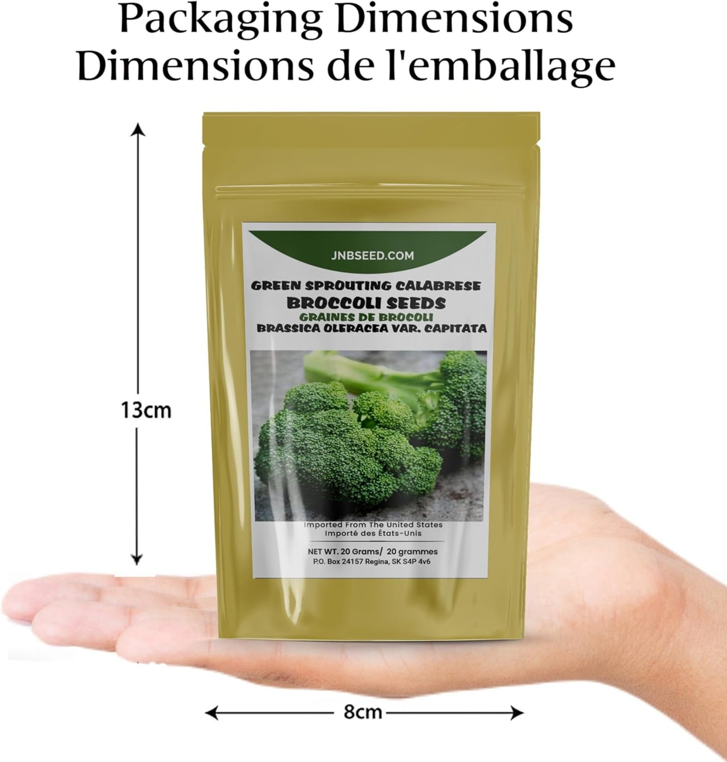 packaging dimensions of Calabrese Green Sprouting Broccoli Dimensions de l'emballage du brocoli vert calabrais