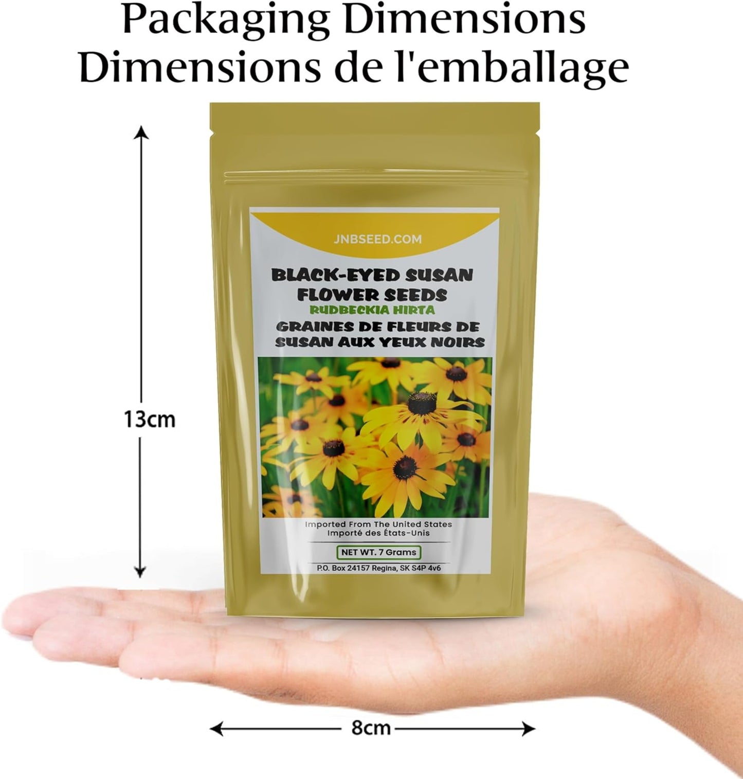 Black-eyed Susan Flower Seeds packaging dimensions Dimensions de l'emballage des graines de fleurs Susan aux yeux noirs