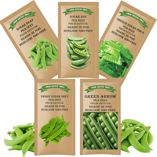 Premium Pea Seed Variety Pack - Sugar Snap, Sugar Ann, Oregon Sugar Pod II, Dwarf Sugar Grey, Green Arrow Over 40 Seeds Per Pack